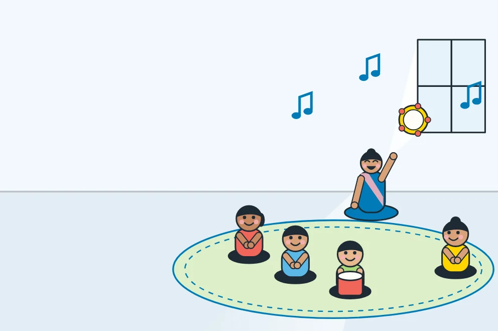 Illustration: children sitting in a circle making music with their teacher