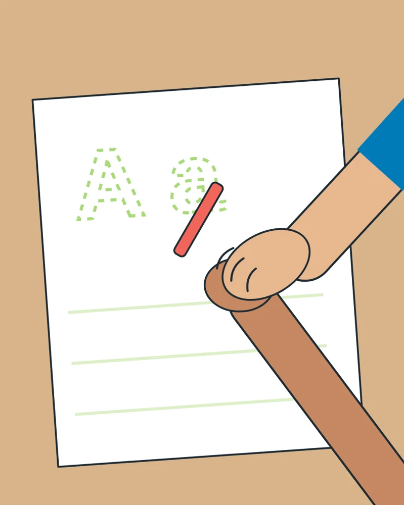 Illustration: a teacher's hand guiding a child's hand as they write