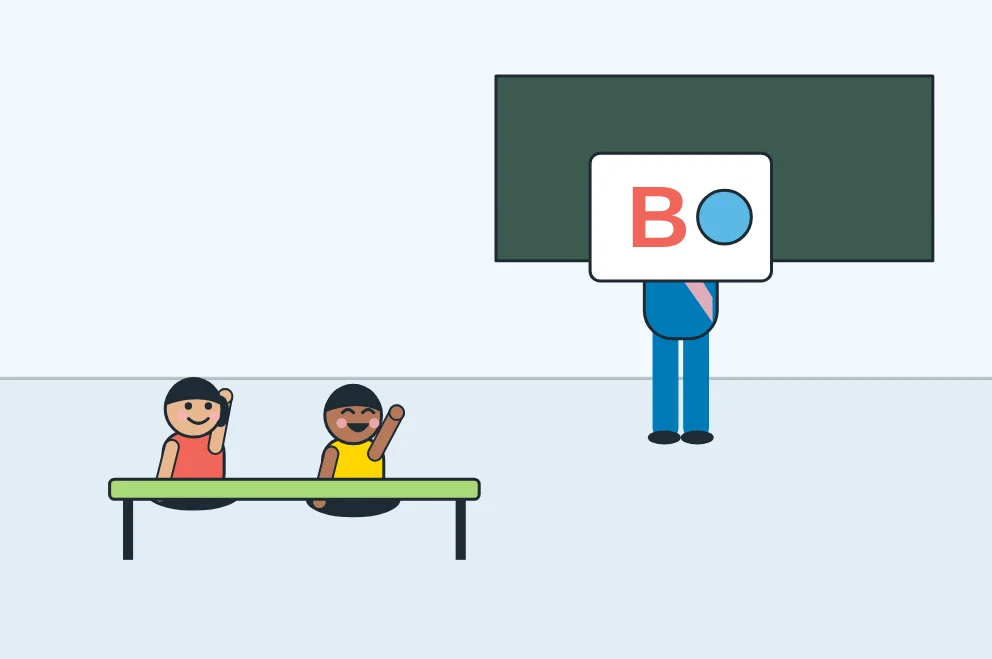 Illustration: LKG children learning letter sounds with picture cards