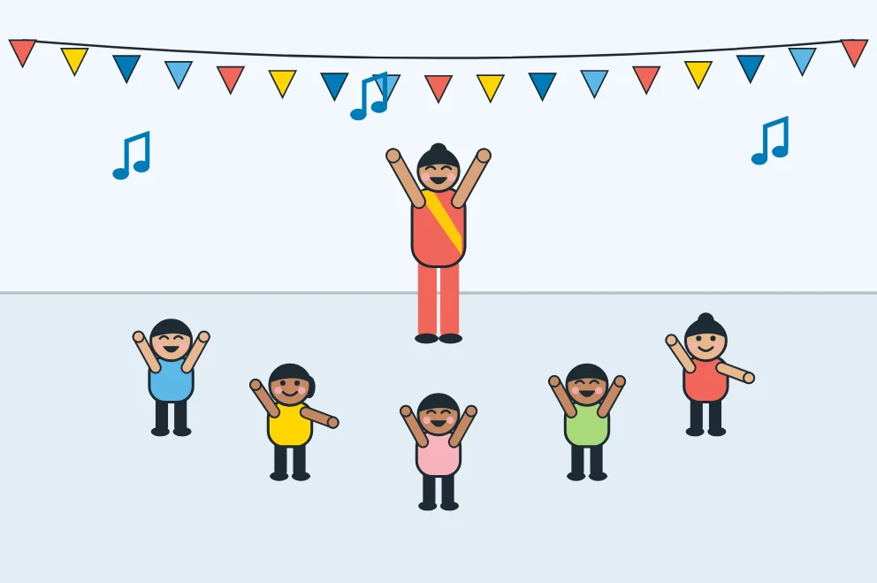 Illustration: children dancing with their teacher under paper flags