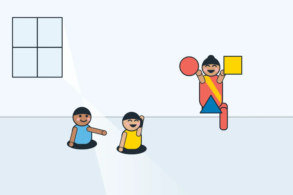 Illustration: a teacher showing colours and shapes to nursery children