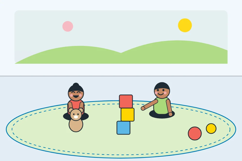 Illustration: toddlers playing with soft toys and blocks