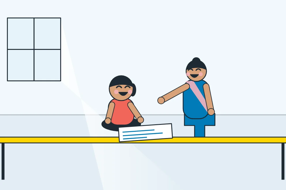 Illustration: a teacher and a child laughing together over an activity