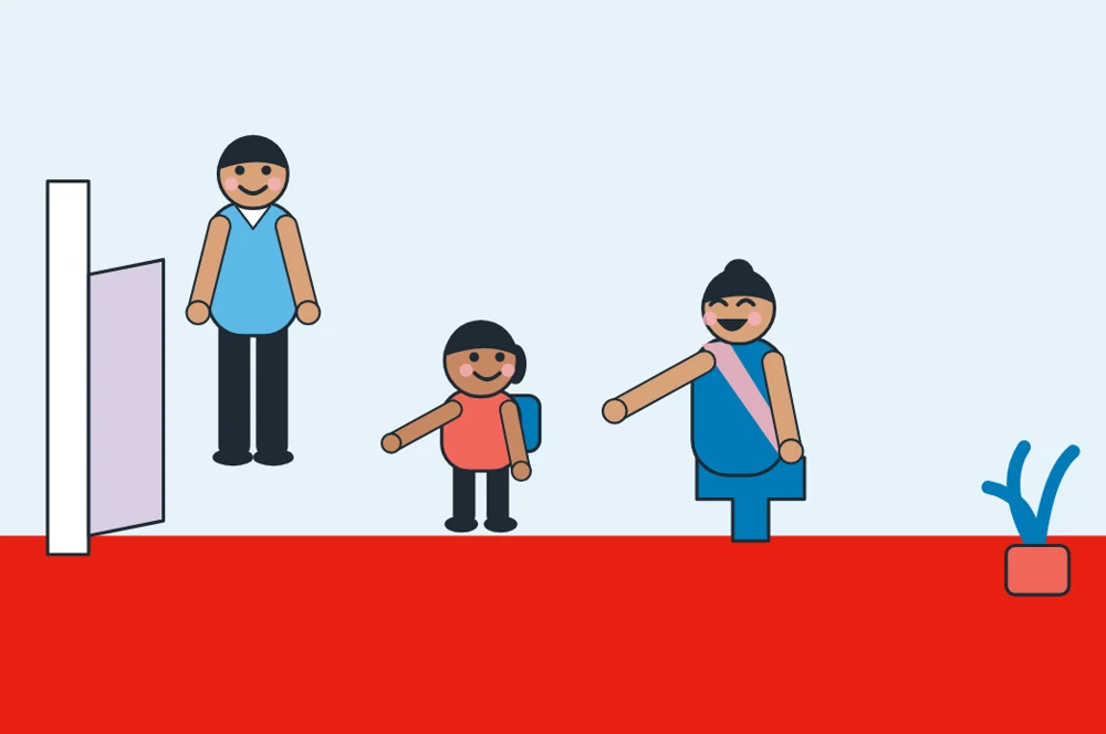 Illustration: a teacher welcoming a child and parent at the school door